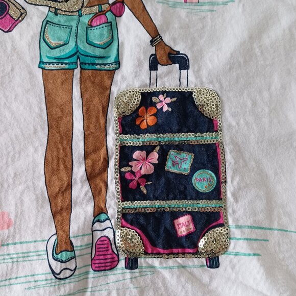 Isaac Mizrahi NY Sequin Travel Theme Strap Back Girl's T-Shirt Size M (7/8) - Picture 4 of 8